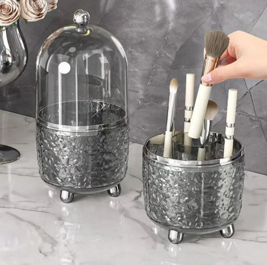 360° Rotating Makeup Brush Holder with Dust-Proof Lid – Glacier Texture Base Organizer