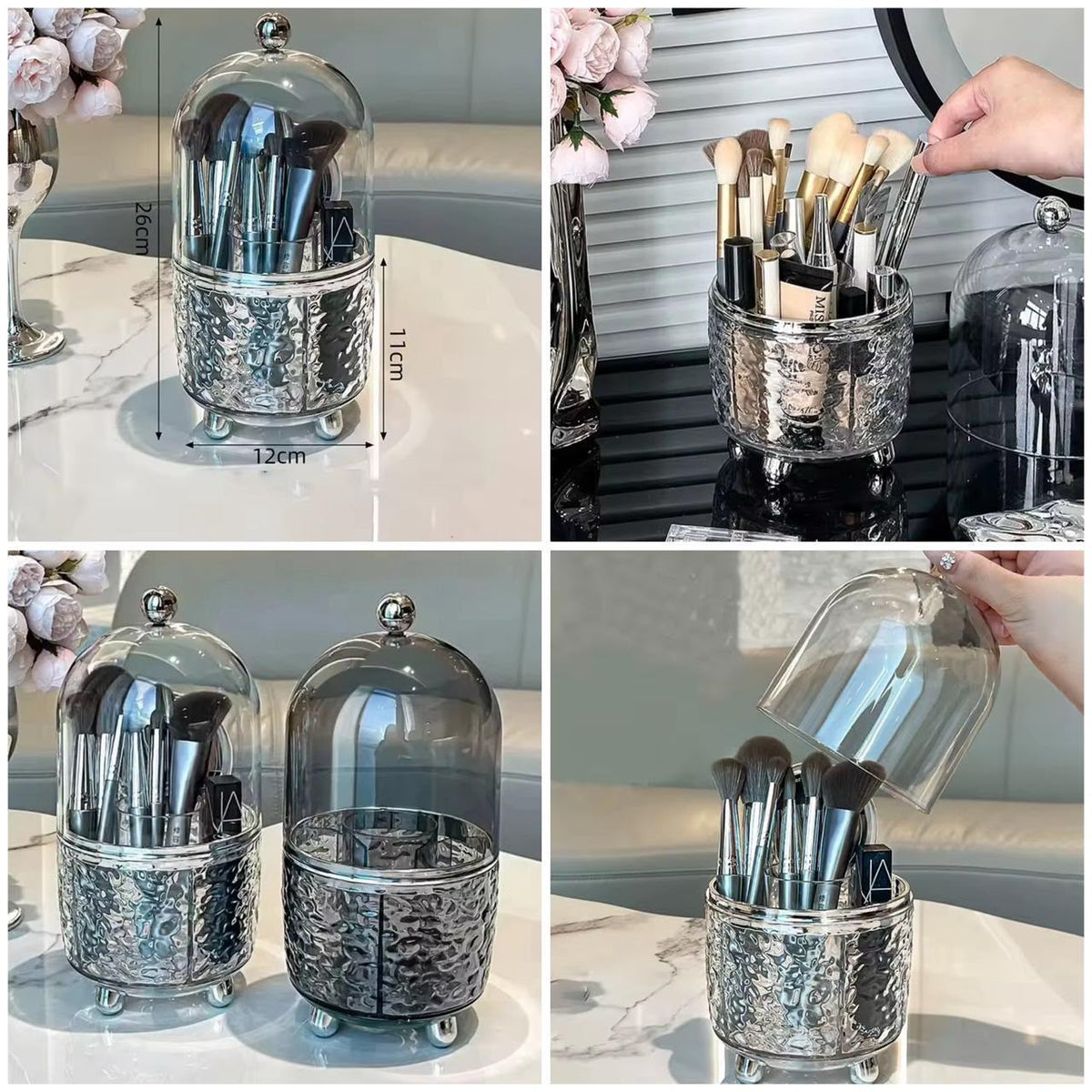 360° Rotating Makeup Brush Holder with Dust-Proof Lid – Glacier Texture Base Organizer